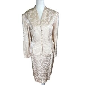 Papell Petites Womens Pink Champagne 100% Silk Floral Jacquard Skirt Suit Set 14